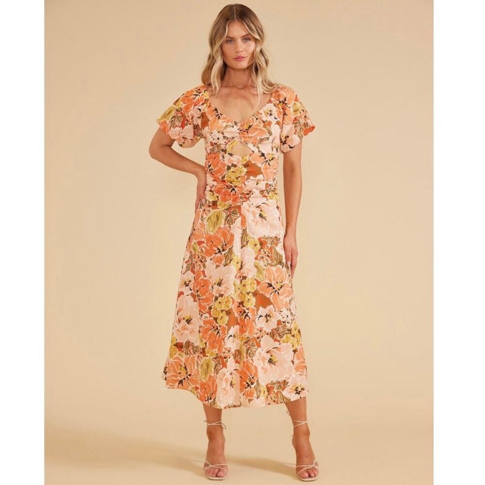 NWT MinkPink Tahlia Midi Dress Small Orange Pink Floral Print Linen Blend Party